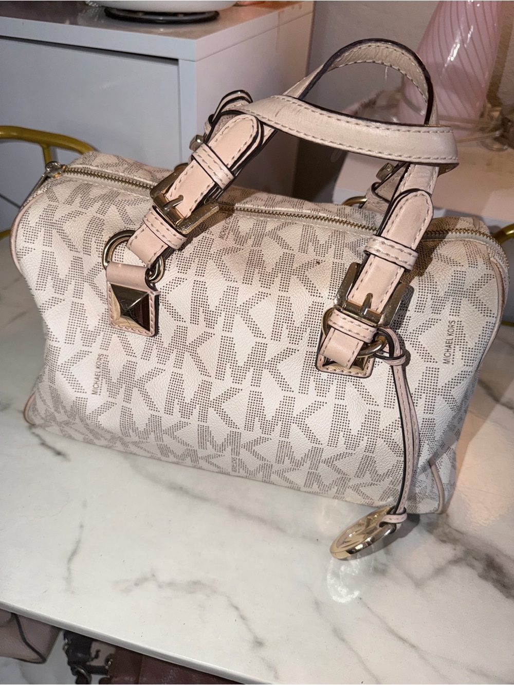 Michael Kors Beige Logo Satchel with Gold Hardware